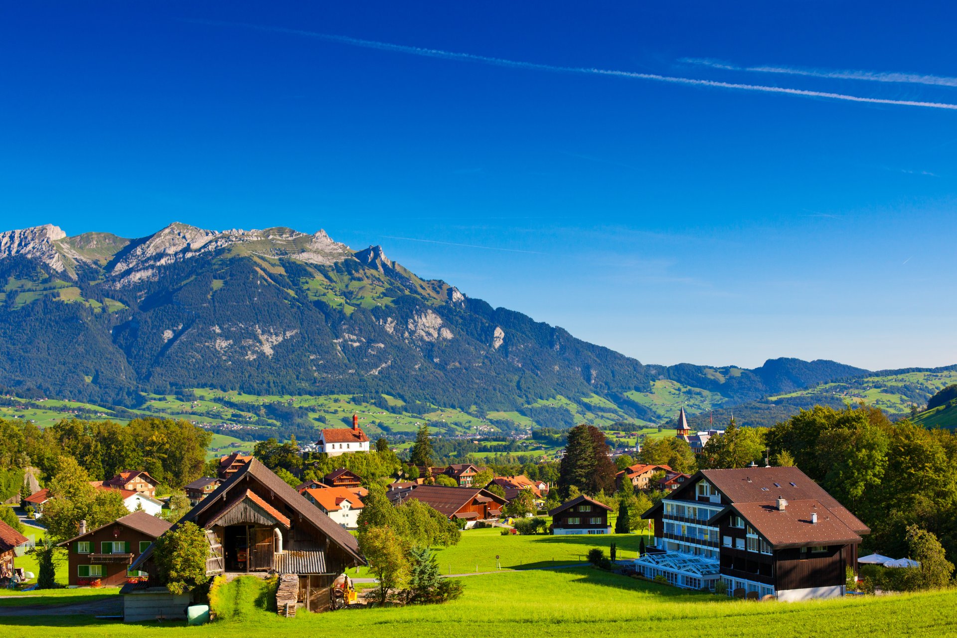 alpi alpen svizzera montagne colline estate natura verde alberi case case paesaggio