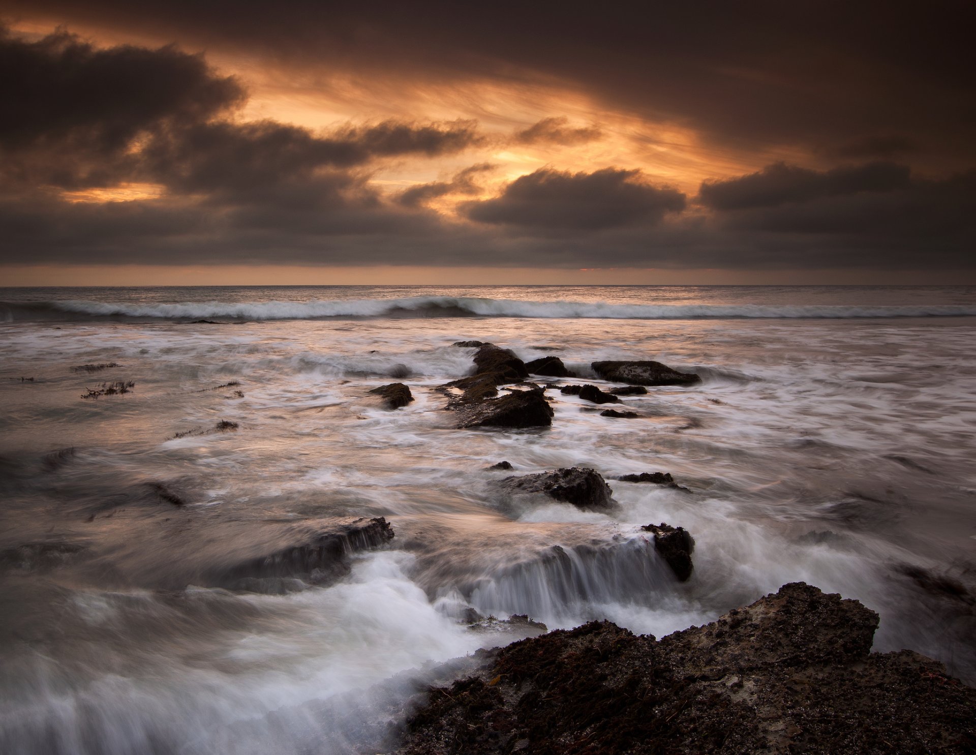 united states california ocean beach stones night sunset sky cloud