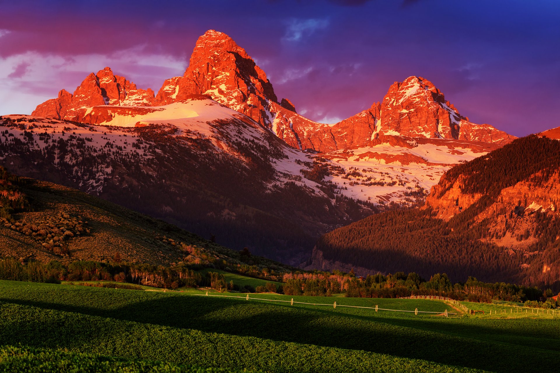 estados unidos wyoming parque nacional grand teton verano junio granja puesta del sol