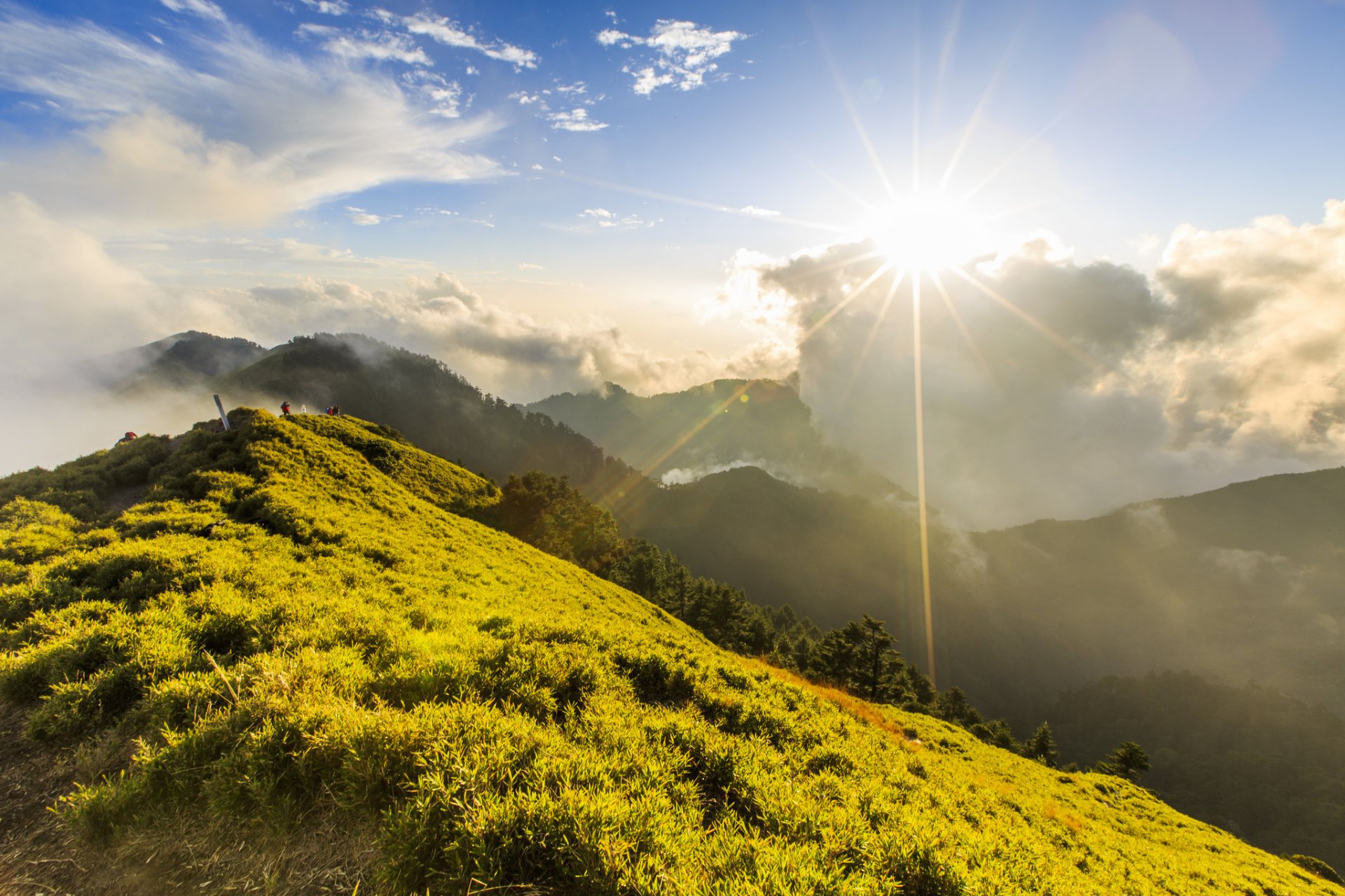 mountain hills people green solar clouds height