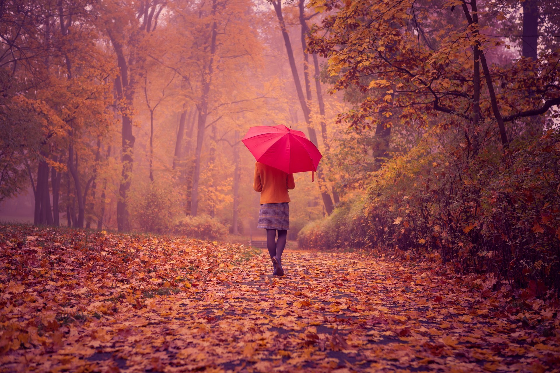 landscape girl spin red gingham autumn foliage road