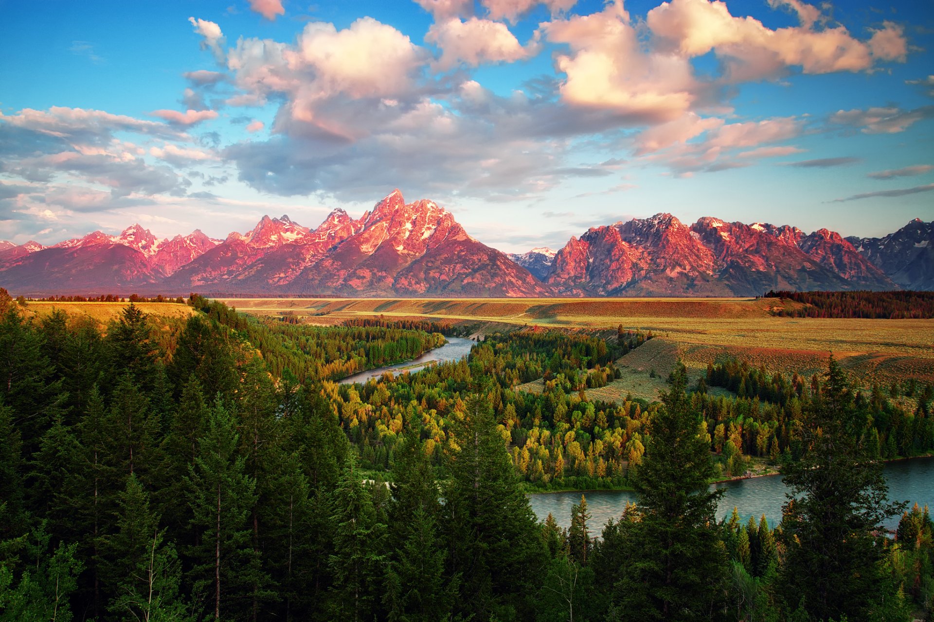 stany zjednoczone wyoming park narodowy grand teton poranek wąż rzeka góry lato lipiec