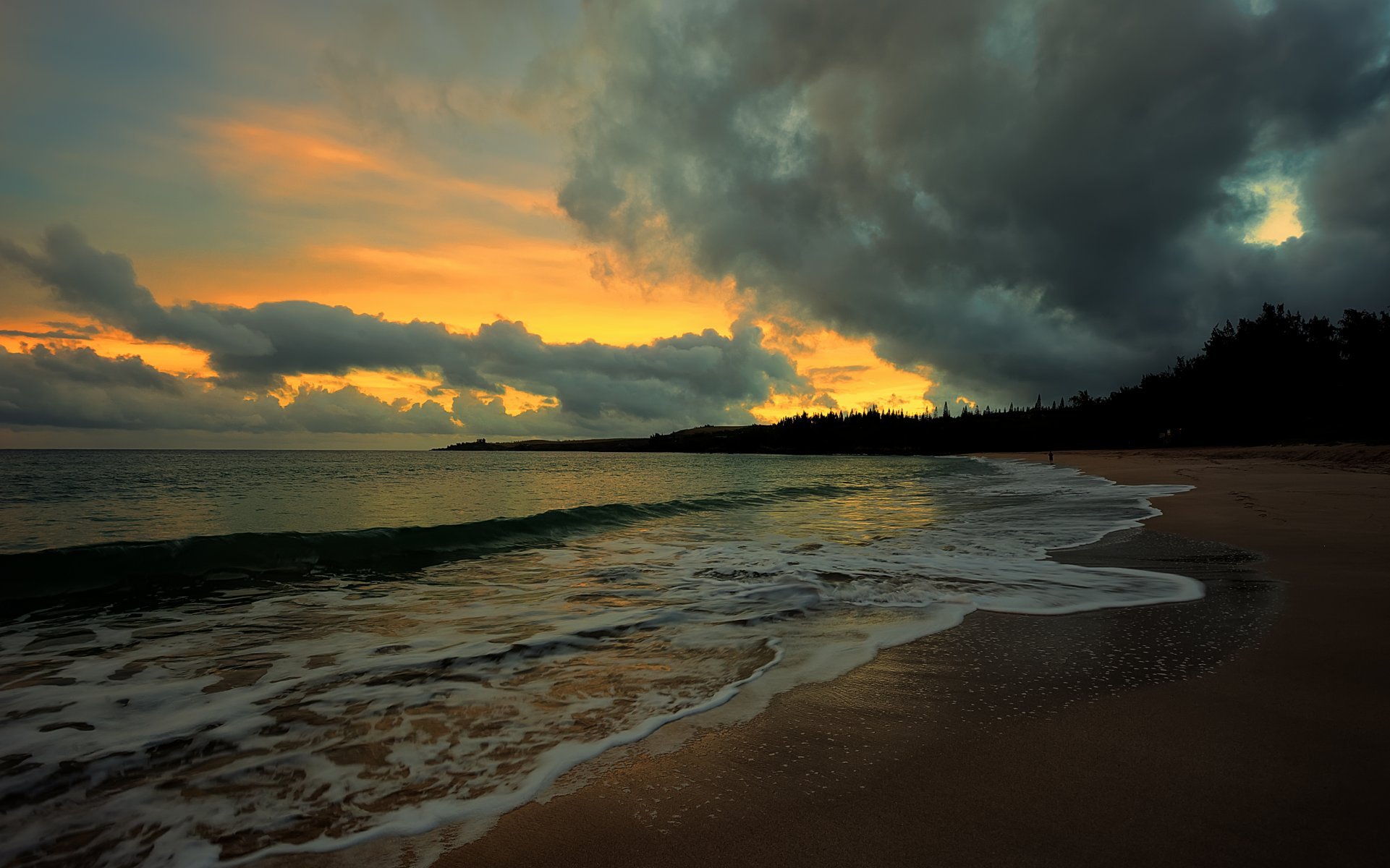 paysage nature mer eau vague vagues sable plage été feuillage arbres soirée ciel nuages fond fond d écran écran large plein écran écran large écran large