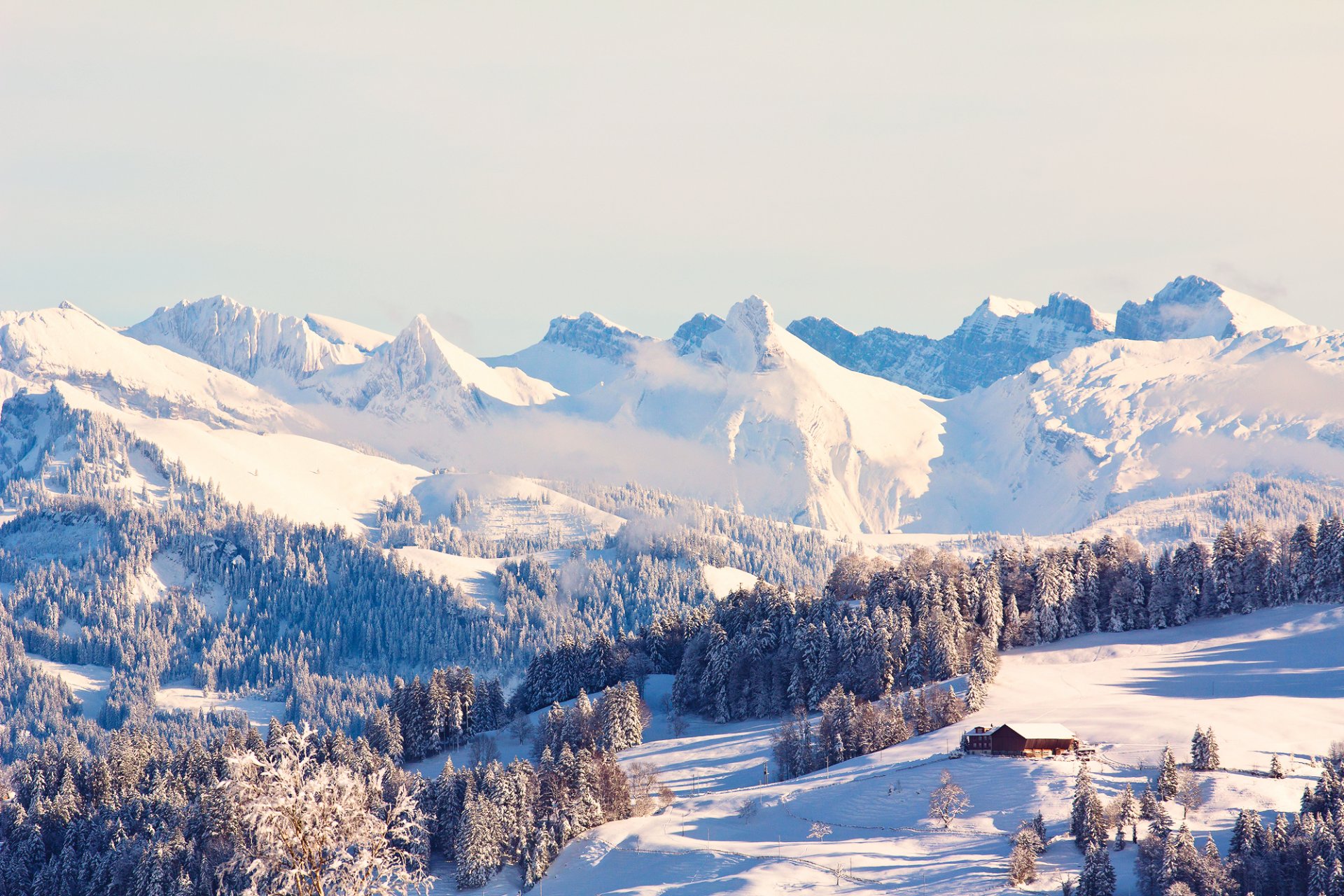 winter berge schnee wald hütte