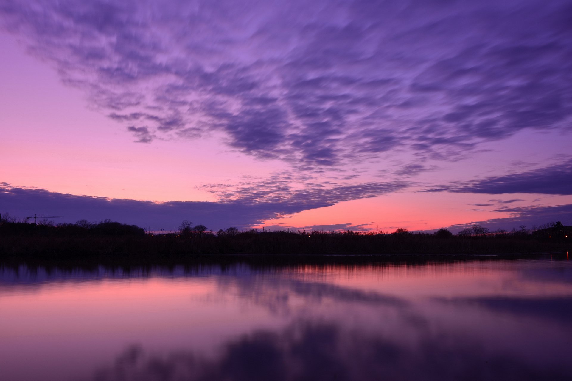 lac eau surface arbres soir coucher de soleil pourpre lilas ciel nuages réflexion