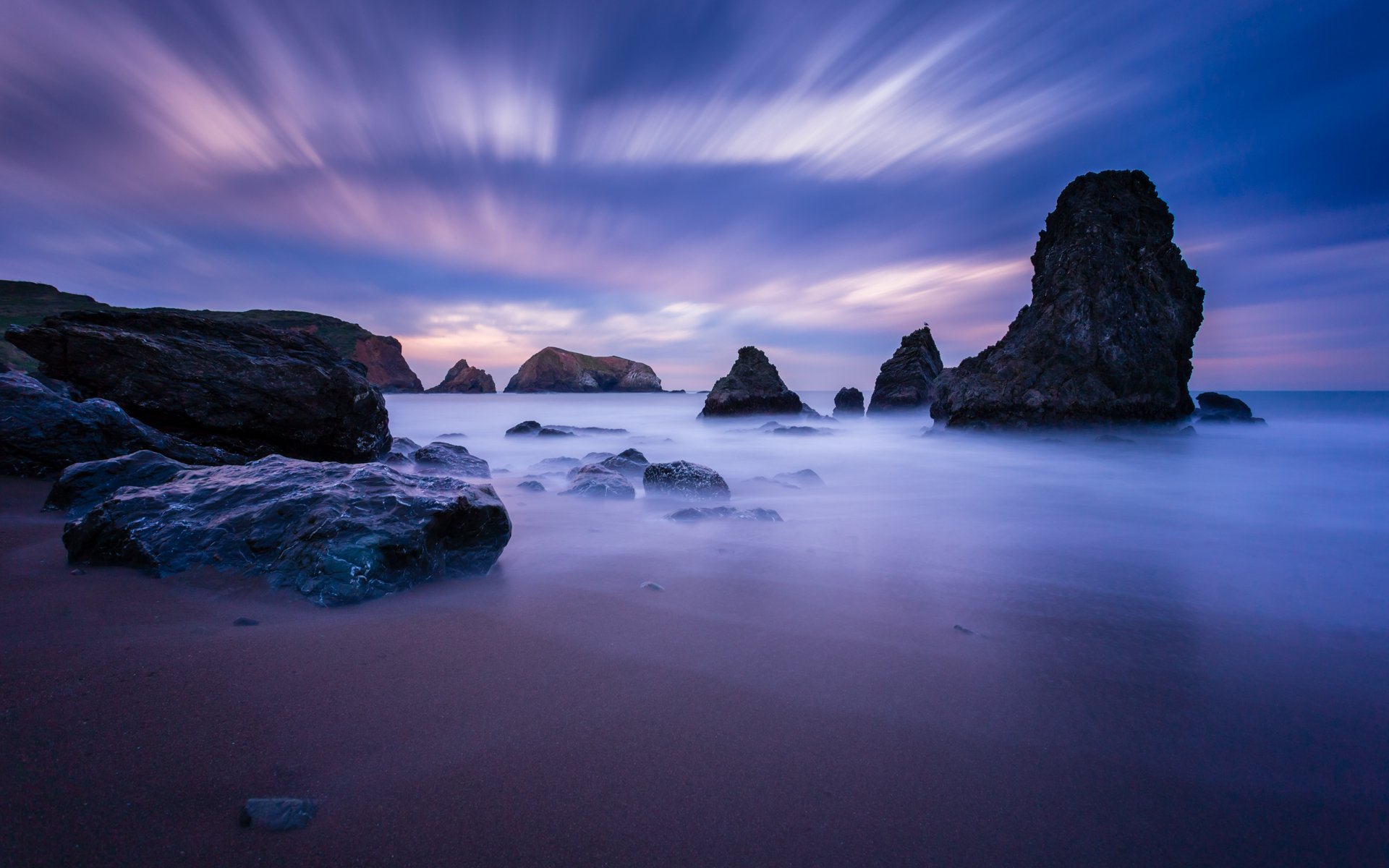 united states california ocean strait calm beach stones rock night blue lilac sky