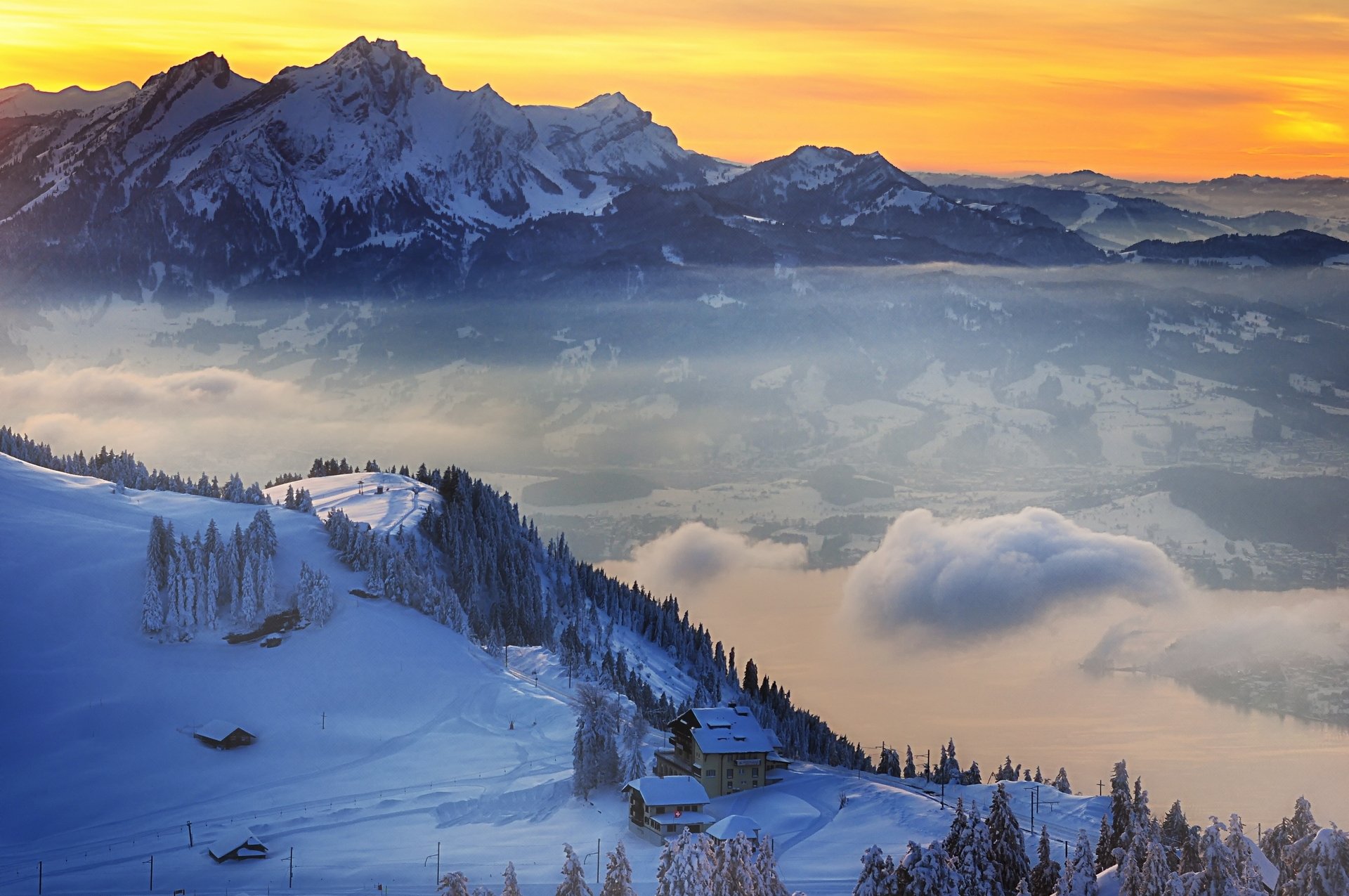 svizzera inverno neve montagna tramonto villaggio