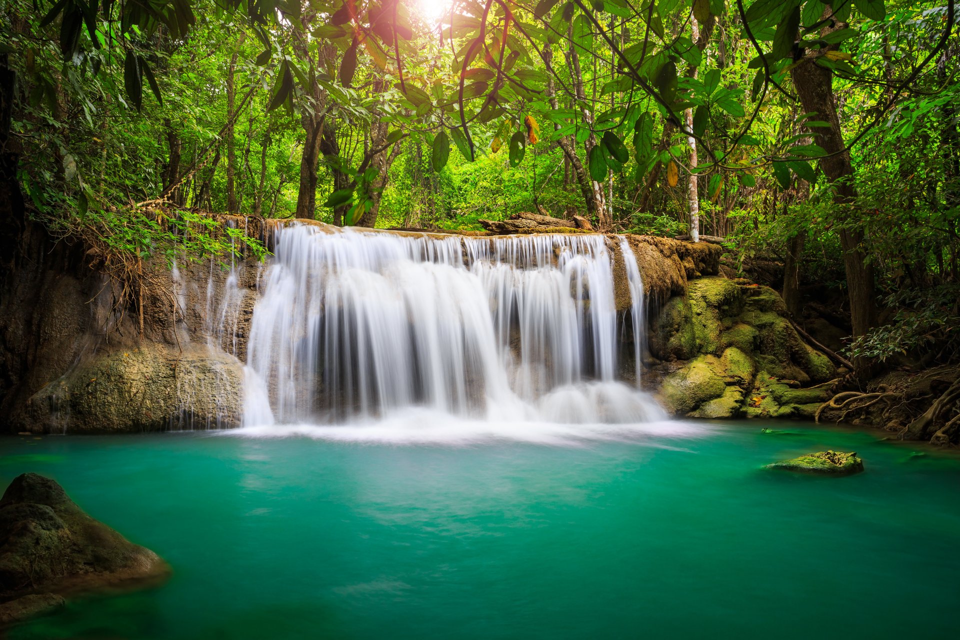 waterfall sea lake deep forest trees sky clouds landscape nature leaves dreamy lakes dense forests beautiful dreamy thailand