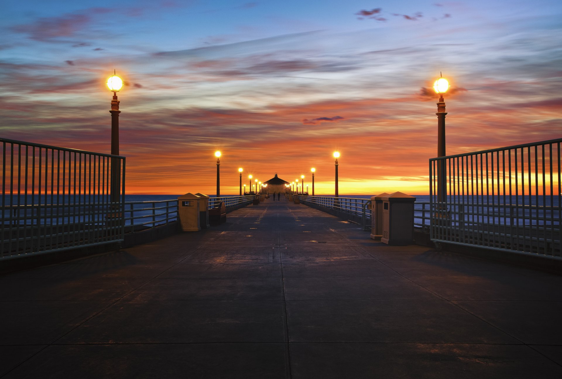 united states california pier lamps lighting coast ocean night sunset horizon sky cloud