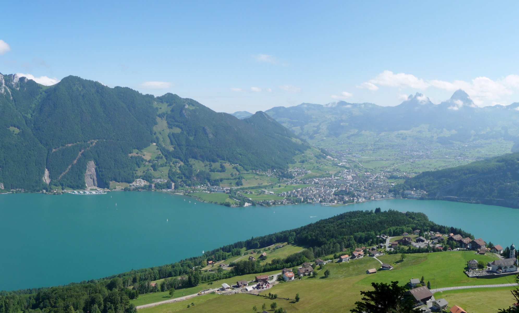 città svizzera città case natura montagne foresta alberi lago