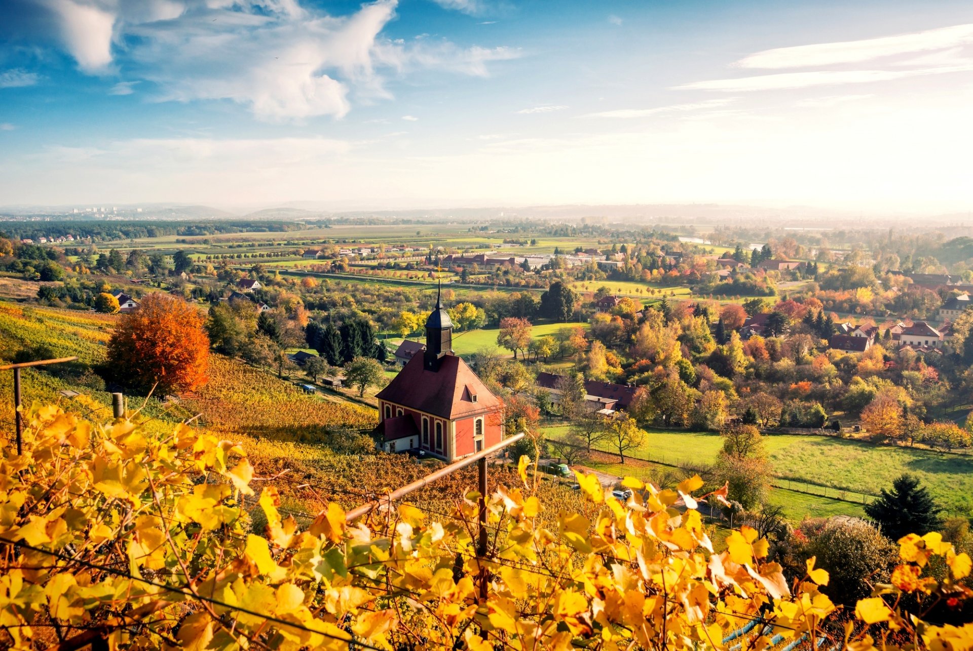 dresde alemania ciudad otoño naturaleza paisaje cielo nubes casas árboles hojas amarillo panorama