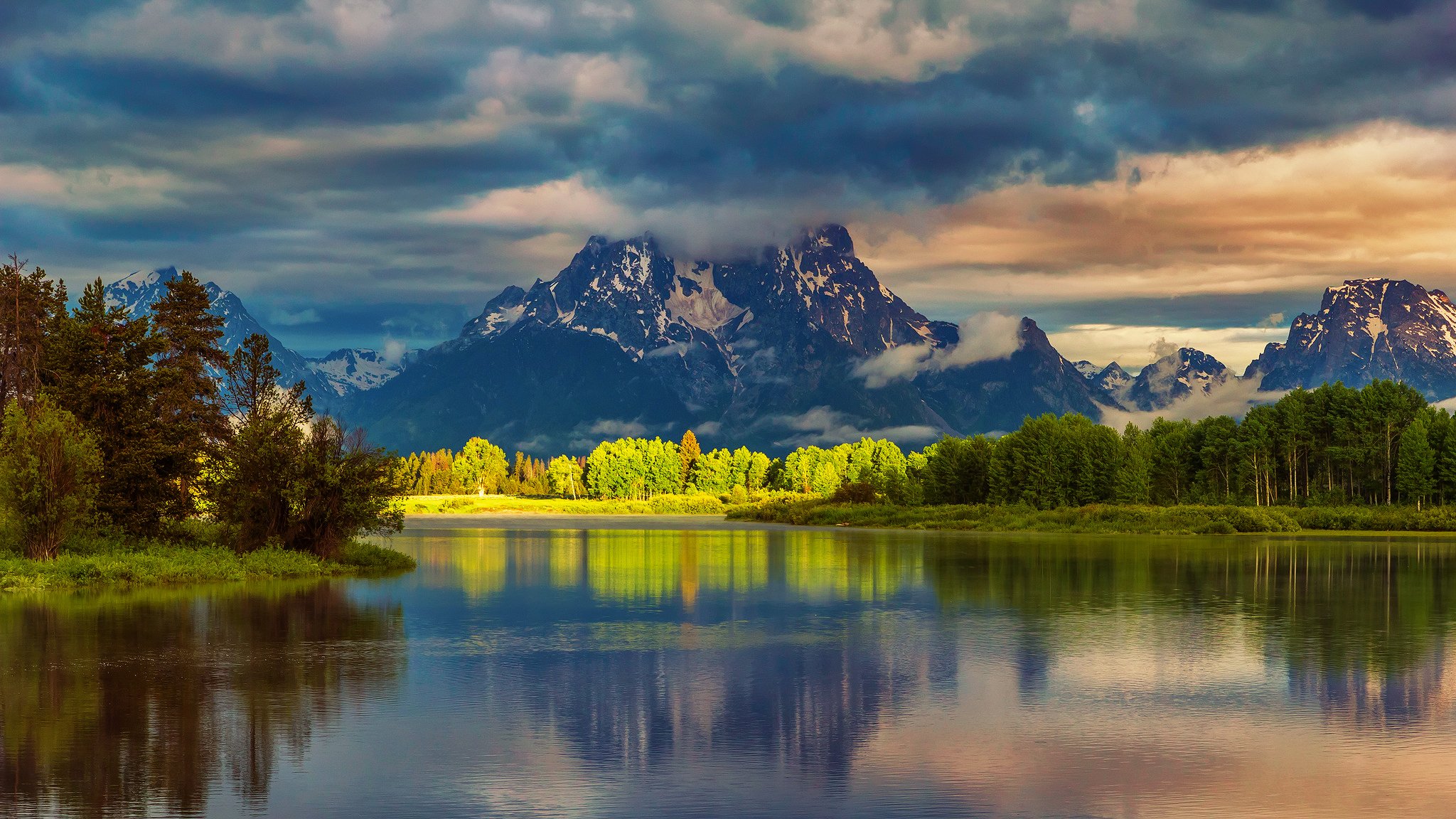 estados unidos wyoming parque nacional grand teton remanso de la curva montañas agua bosque mañana luz reflexiones nubes verano