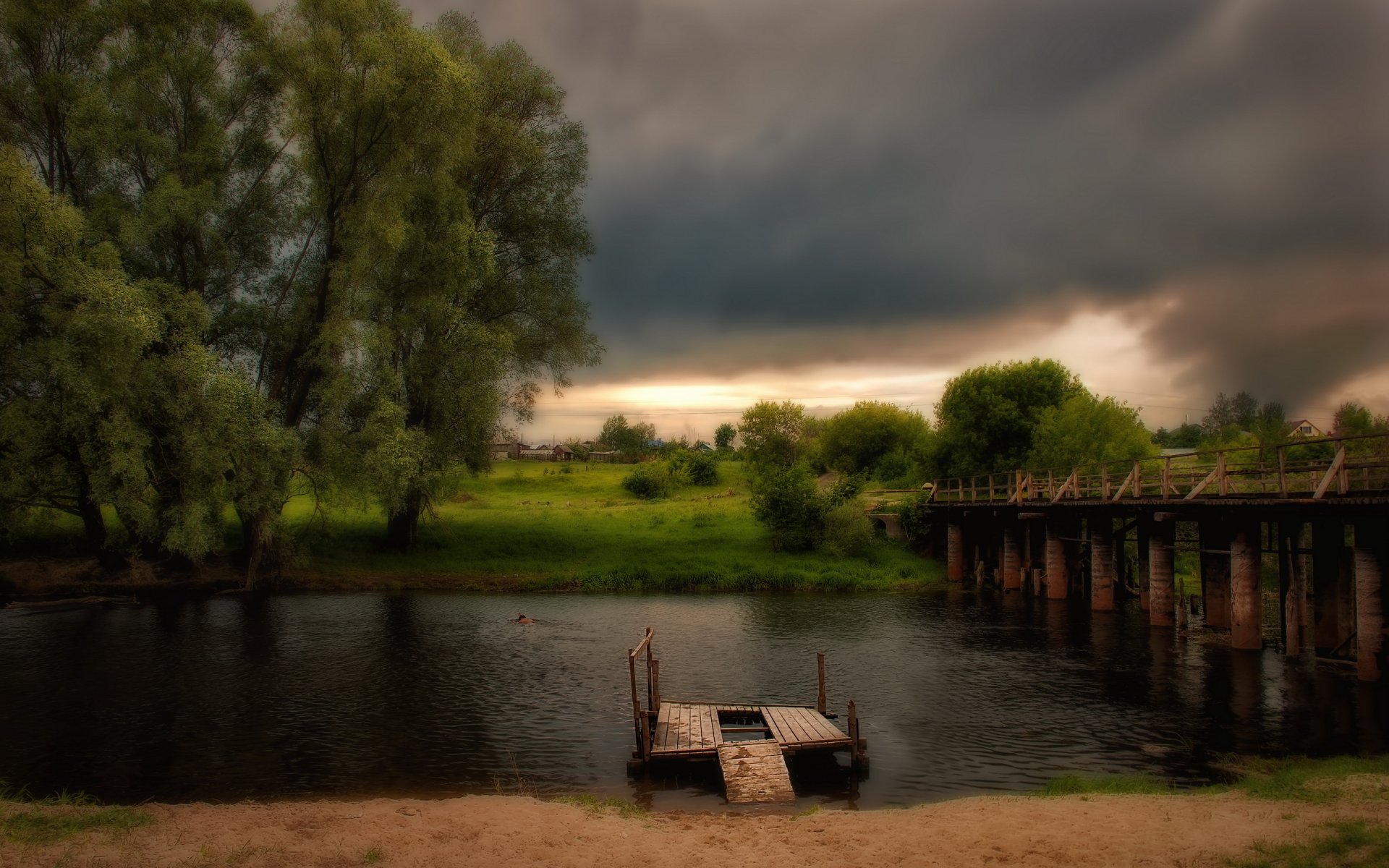 nacht fluss brücke landschaft hdr