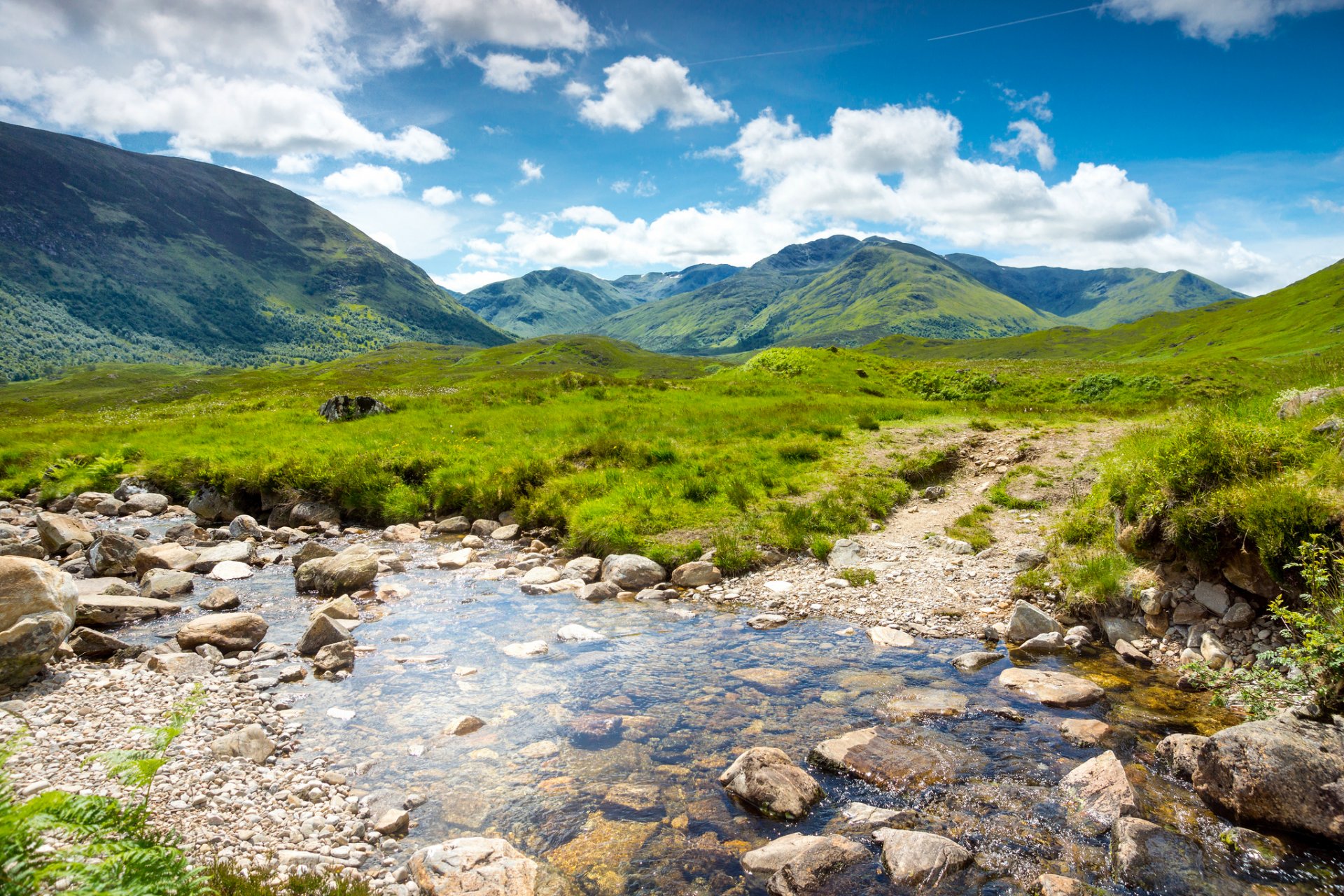 escocia reino unido montañas vegetación arroyo rocas agua hierba valle paisaje cielo nubes naturaleza