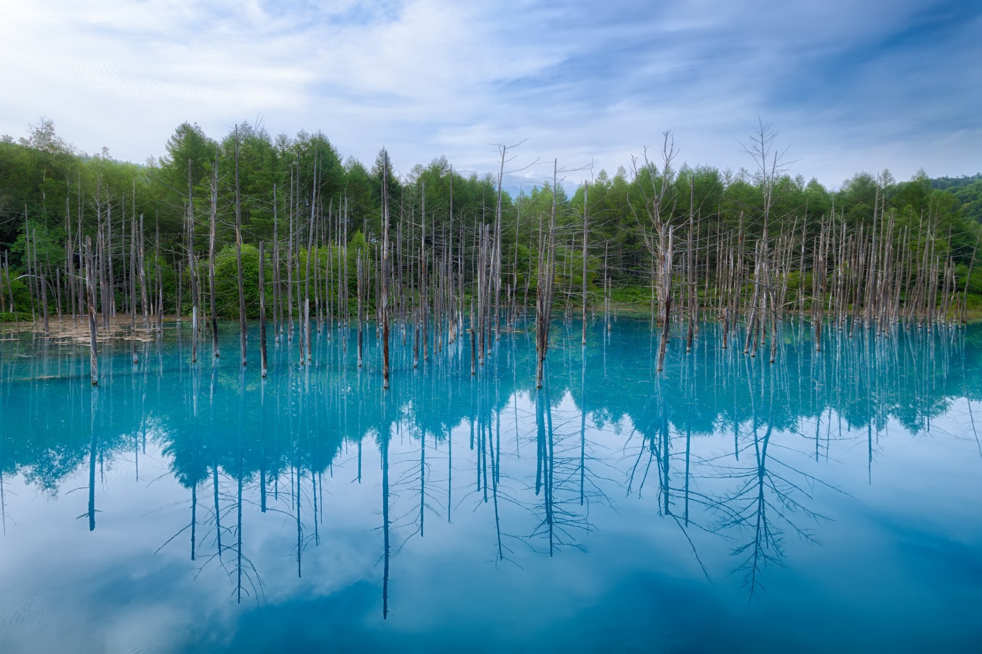 japan hokkaido blauer teich reflexion bäume himmel wolken blauer teich