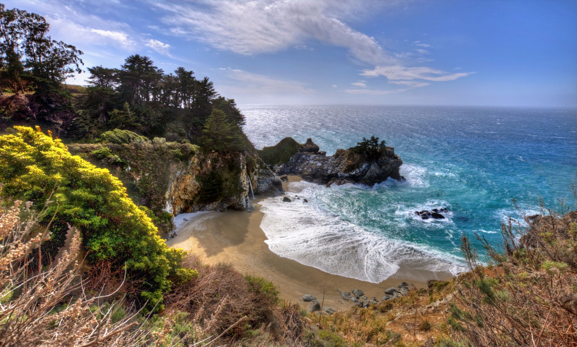 ocean bay rock waterfall california big sur julia pfeiffer burns state park mcway fall