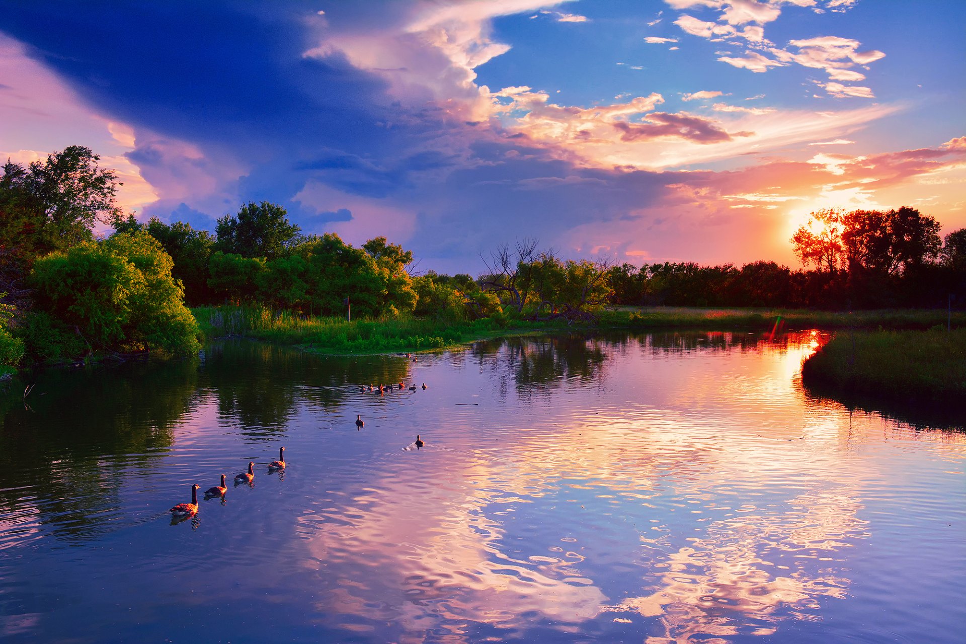 usa kansas wichita wichita chisum creek park summer sunset july lake trees ducks reflection