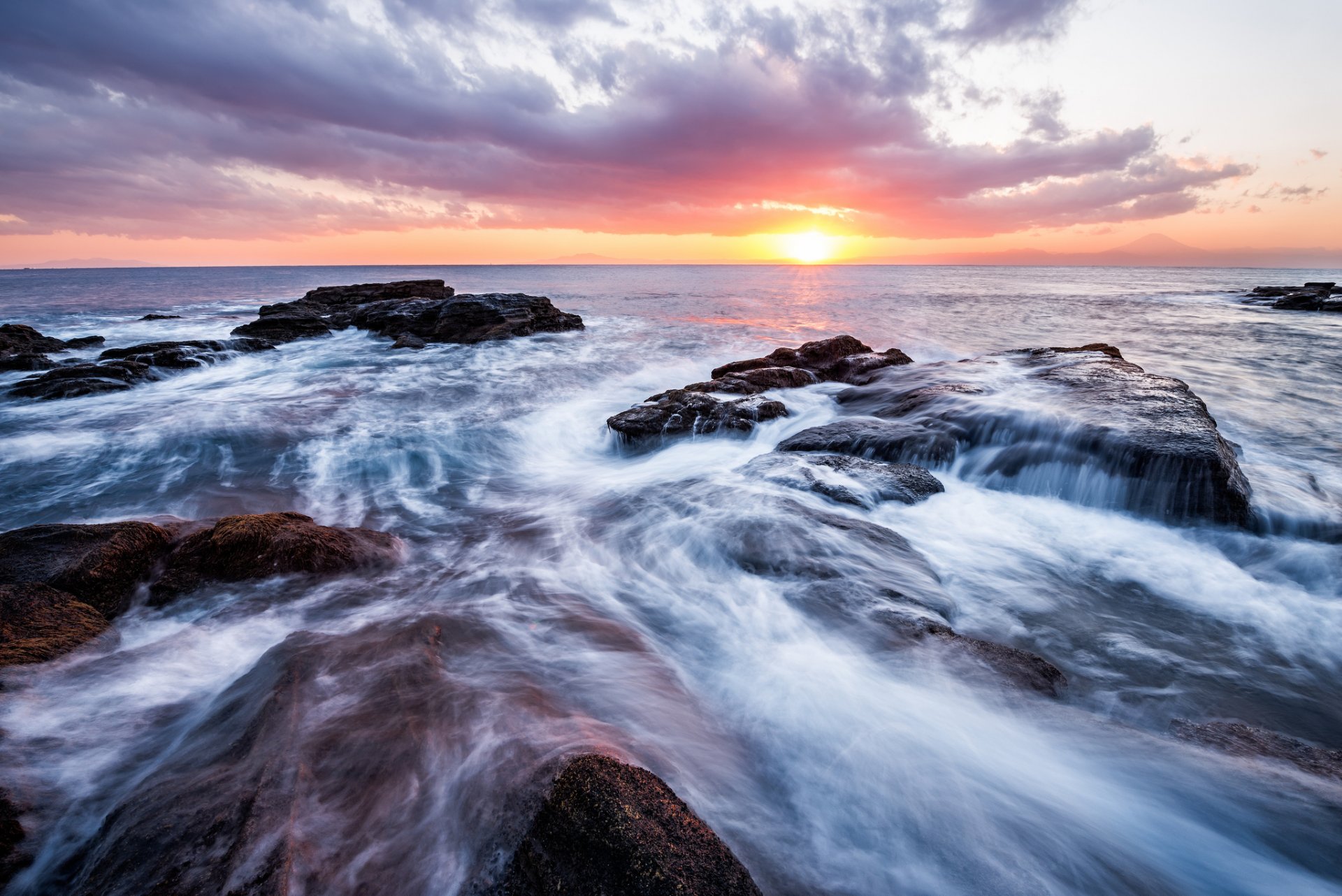 japan kanagawa prefecture sea beach waves stones night sun sunset horizon sky cloud