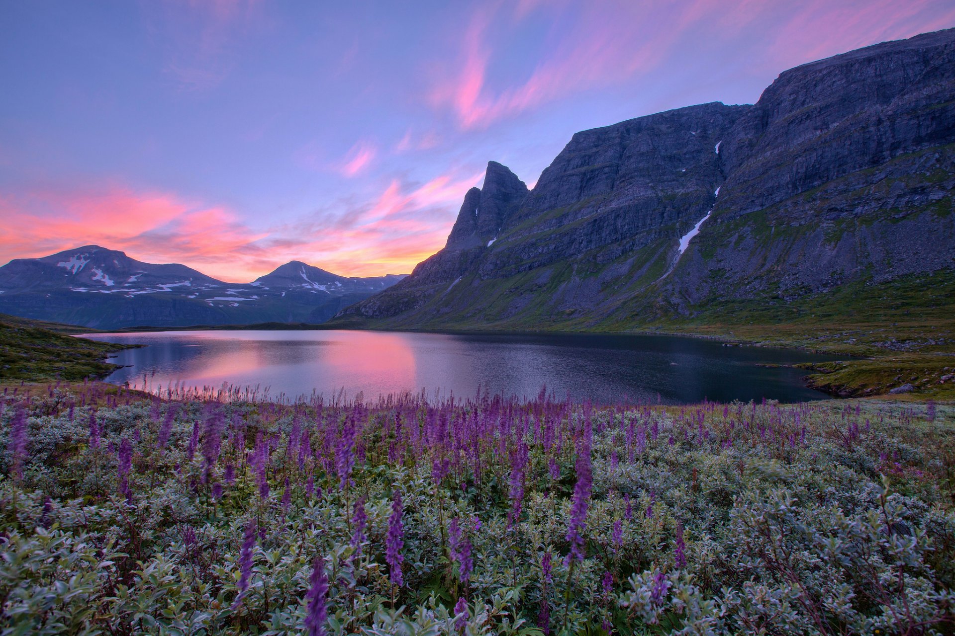 norwegen see berge blumen sonnenaufgang