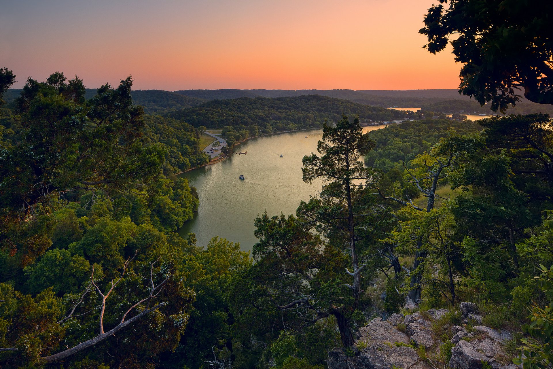 lago degli ozarks lago foresta alberi tramonto panorama natura