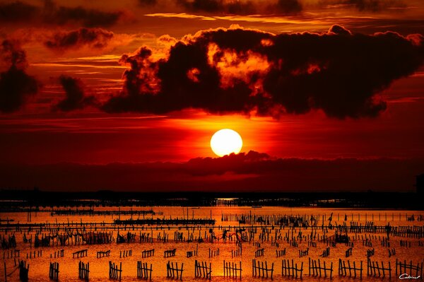 Zaunpfosten vor dem Hintergrund des Sonnenuntergangs