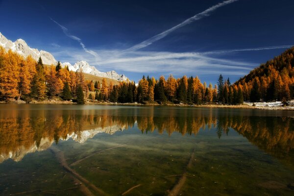 Reflection of the forest and mountains in the lake