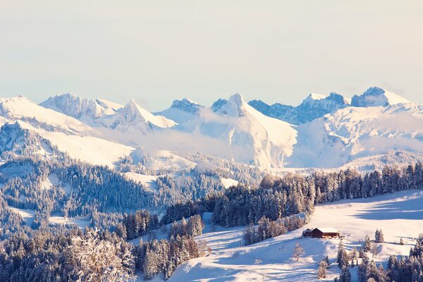 Schneebedeckte Hütte zwischen Wald und Bergen