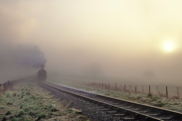 Die Dampflokomotive ist im Nebel. Eisenbahn in die Unendlichkeit