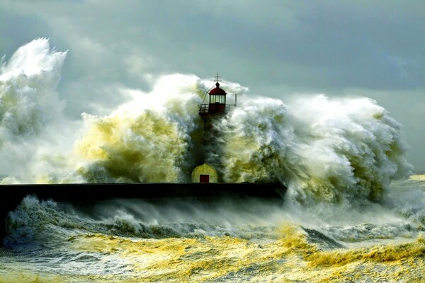 Lighthouse in the raging storm waves