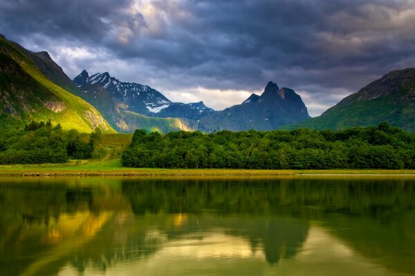 Mountains and forest are reflected in the lake