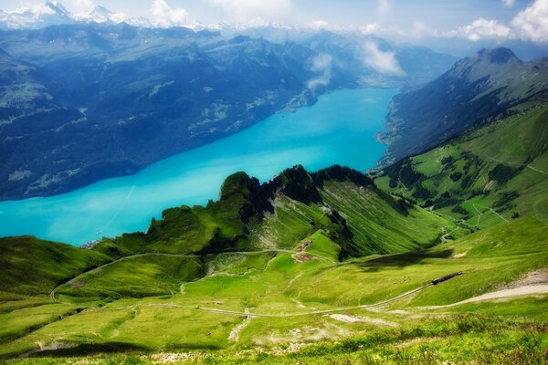 Alpine mountains view from the top of Lake Brienz