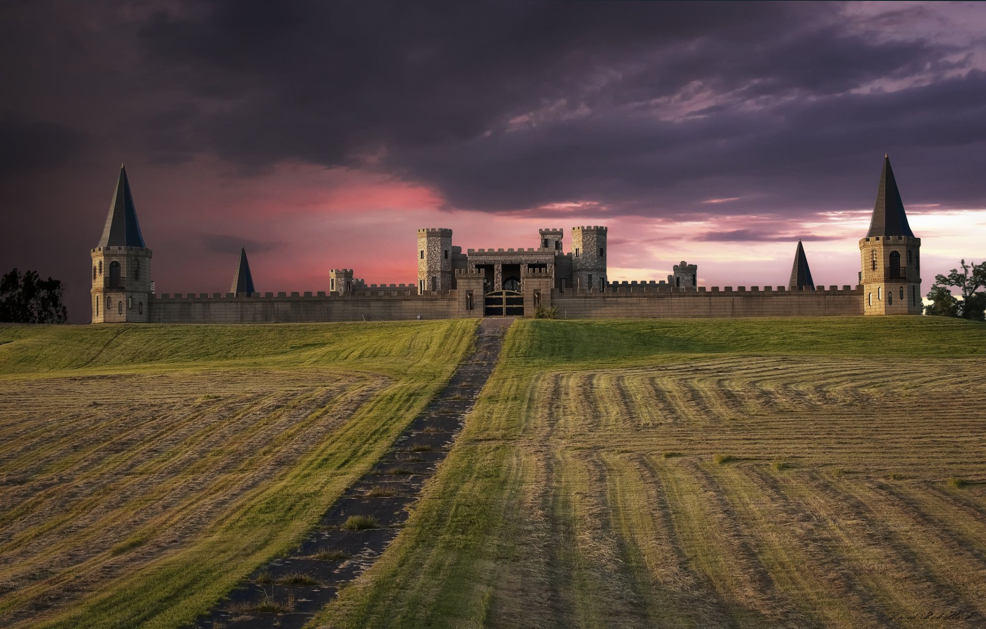 usa schloss festung feld abend rosa sonnenuntergang himmel wolken