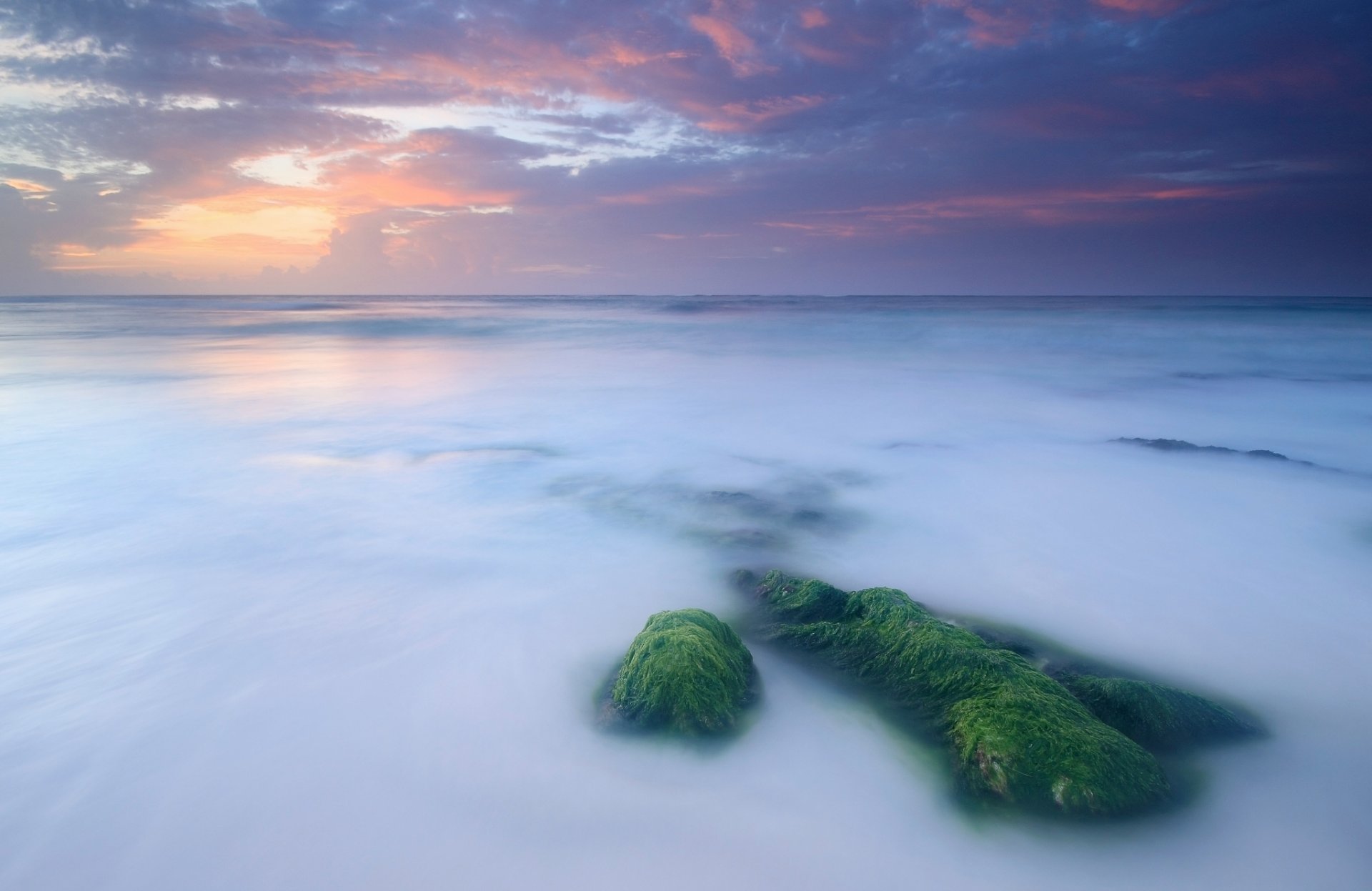 ea shore calm rocks moss evening sunset sky clouds cloud