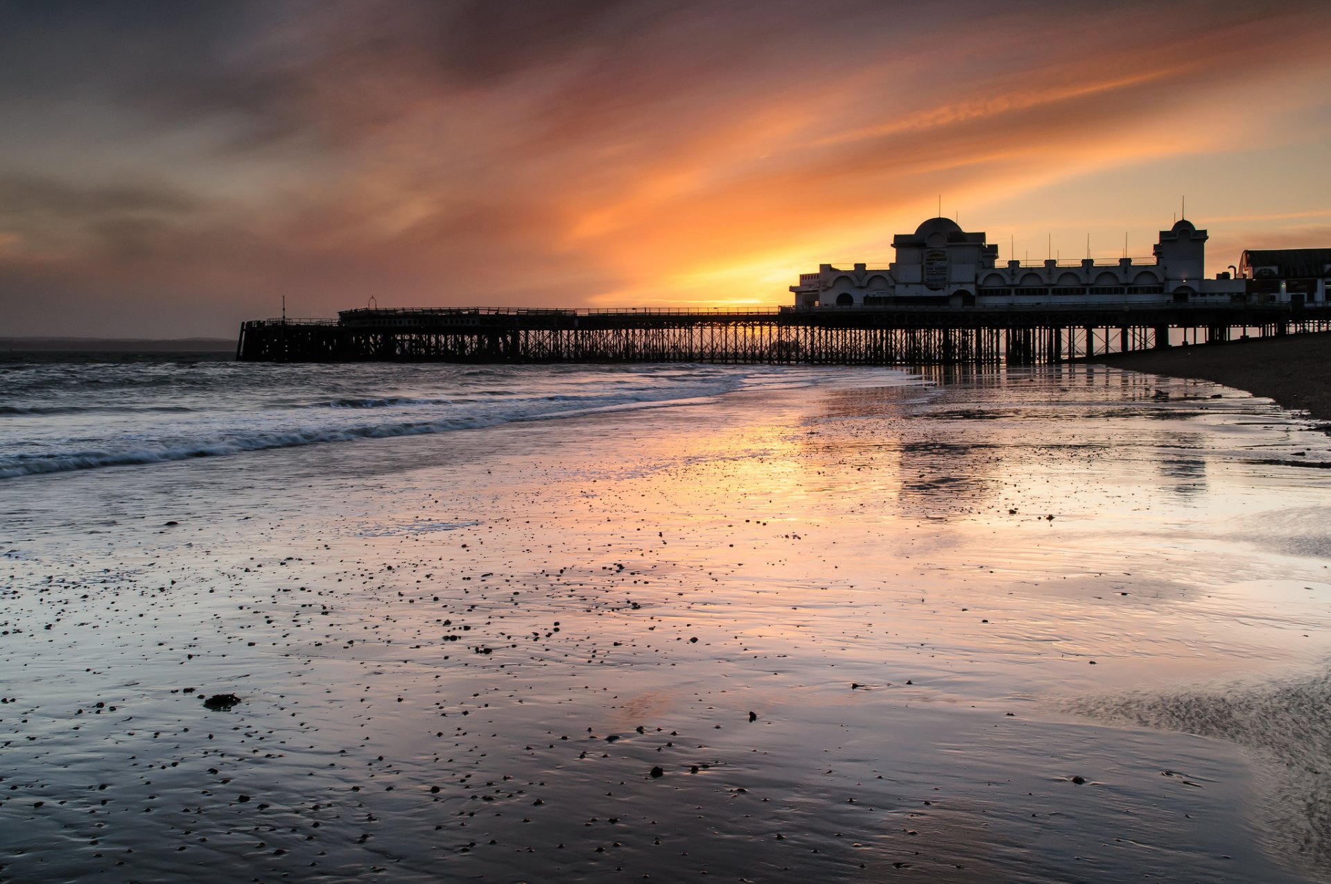 großbritannien england meer meerenge pier küste abend sonnenuntergang himmel wolken