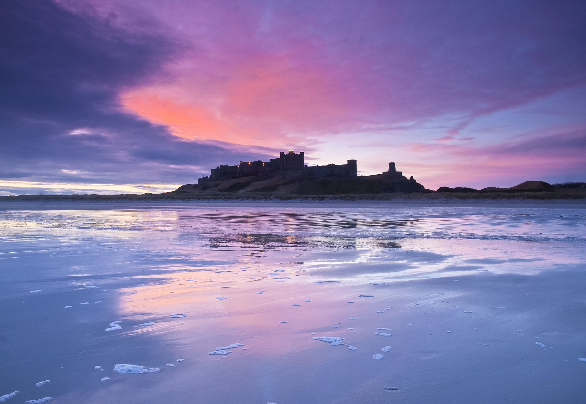 great britain england castle sea shore evening blue lilac sky sunset clouds cloud