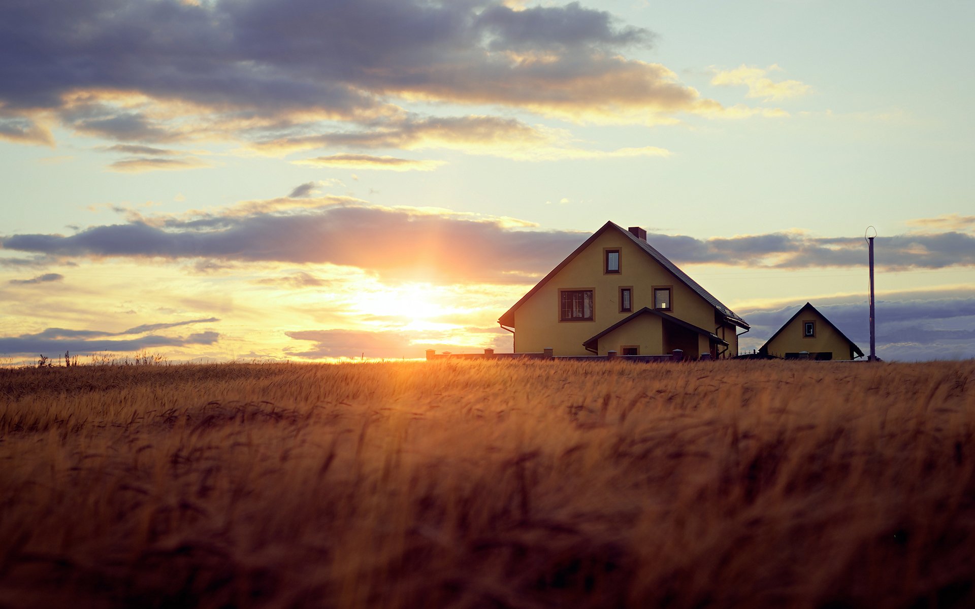 night sun sunset rays light bokeh sky clouds house tree gra