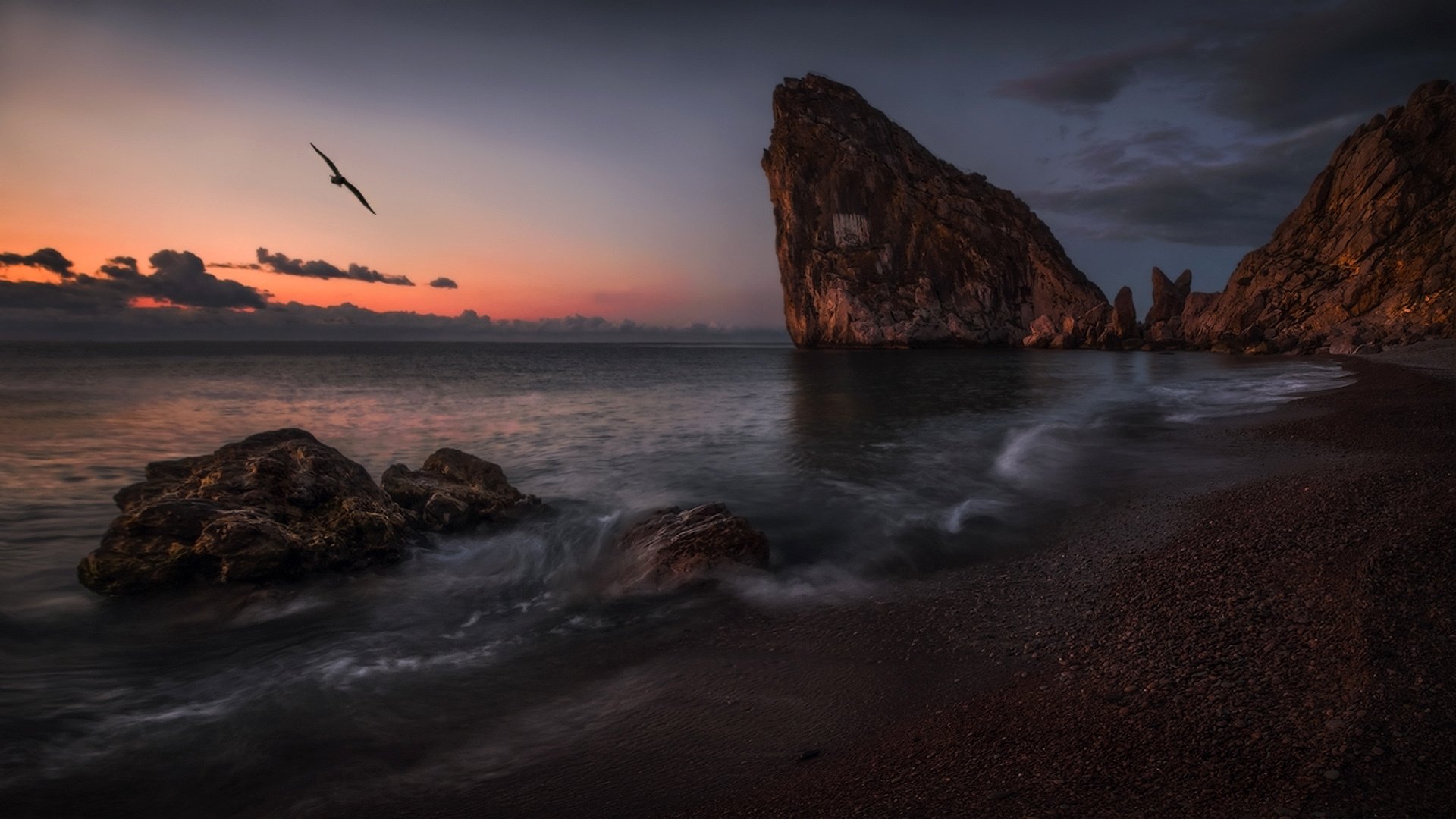 paisaje crimea mar rocas diva simeiz costa puesta de sol pájaro