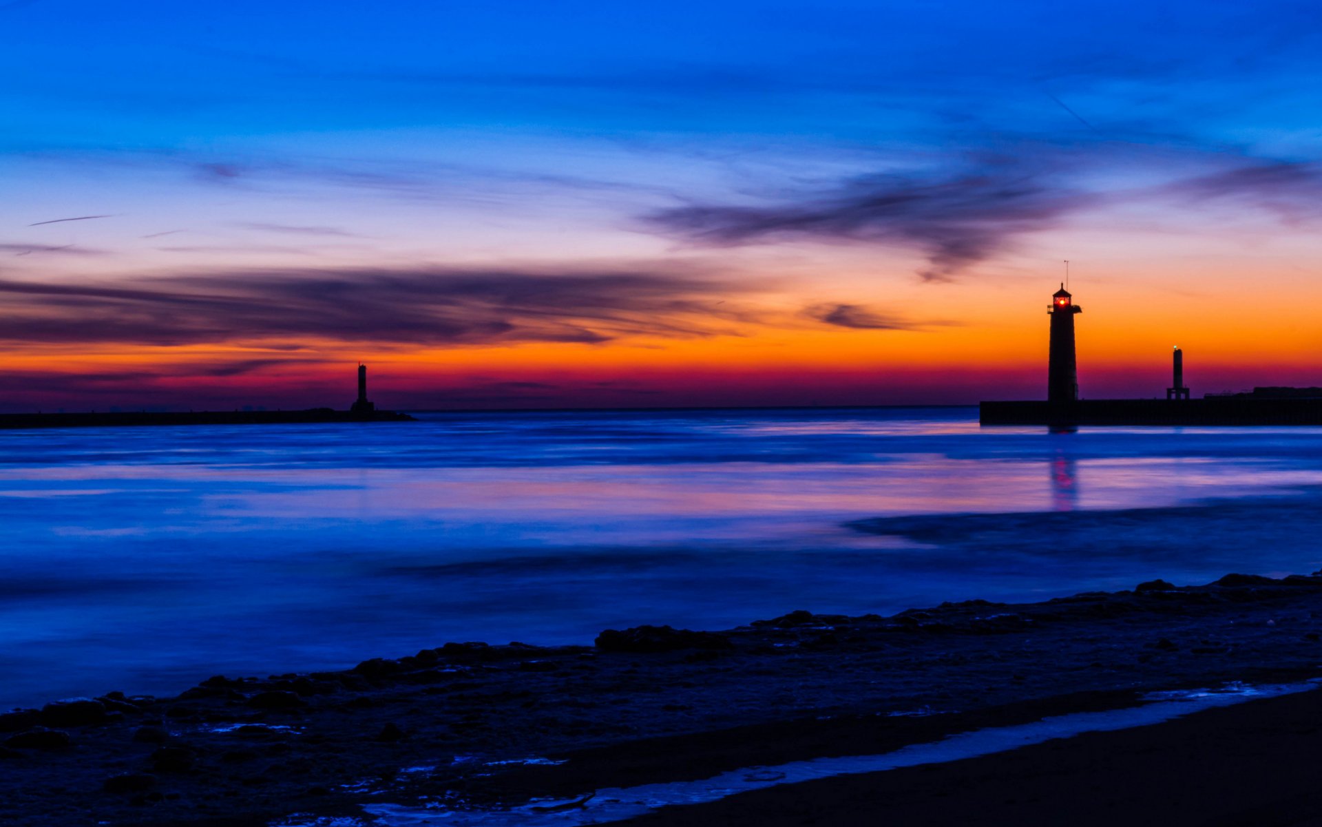 united states michigan lake beach lighthouse night orange sunset blue sky cloud