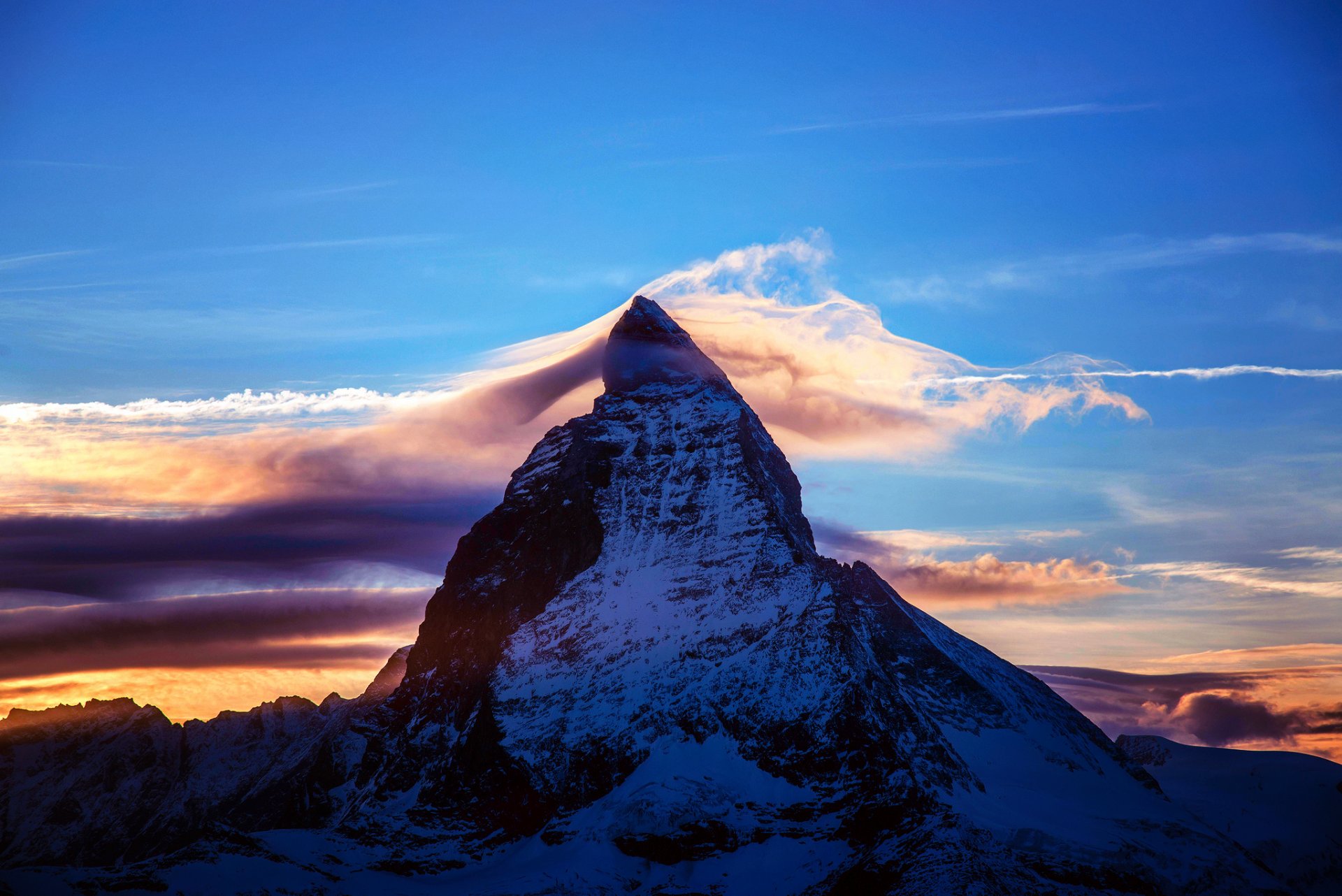 alps switzerland italy mount matterhorn night sunset sky clouds mountain snow