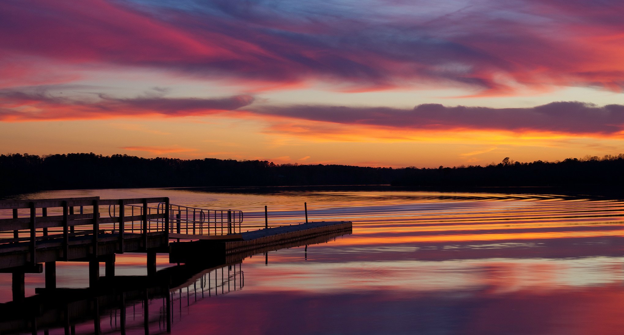 stati uniti lago ponte alberi sera tramonto cielo nuvole riflessione