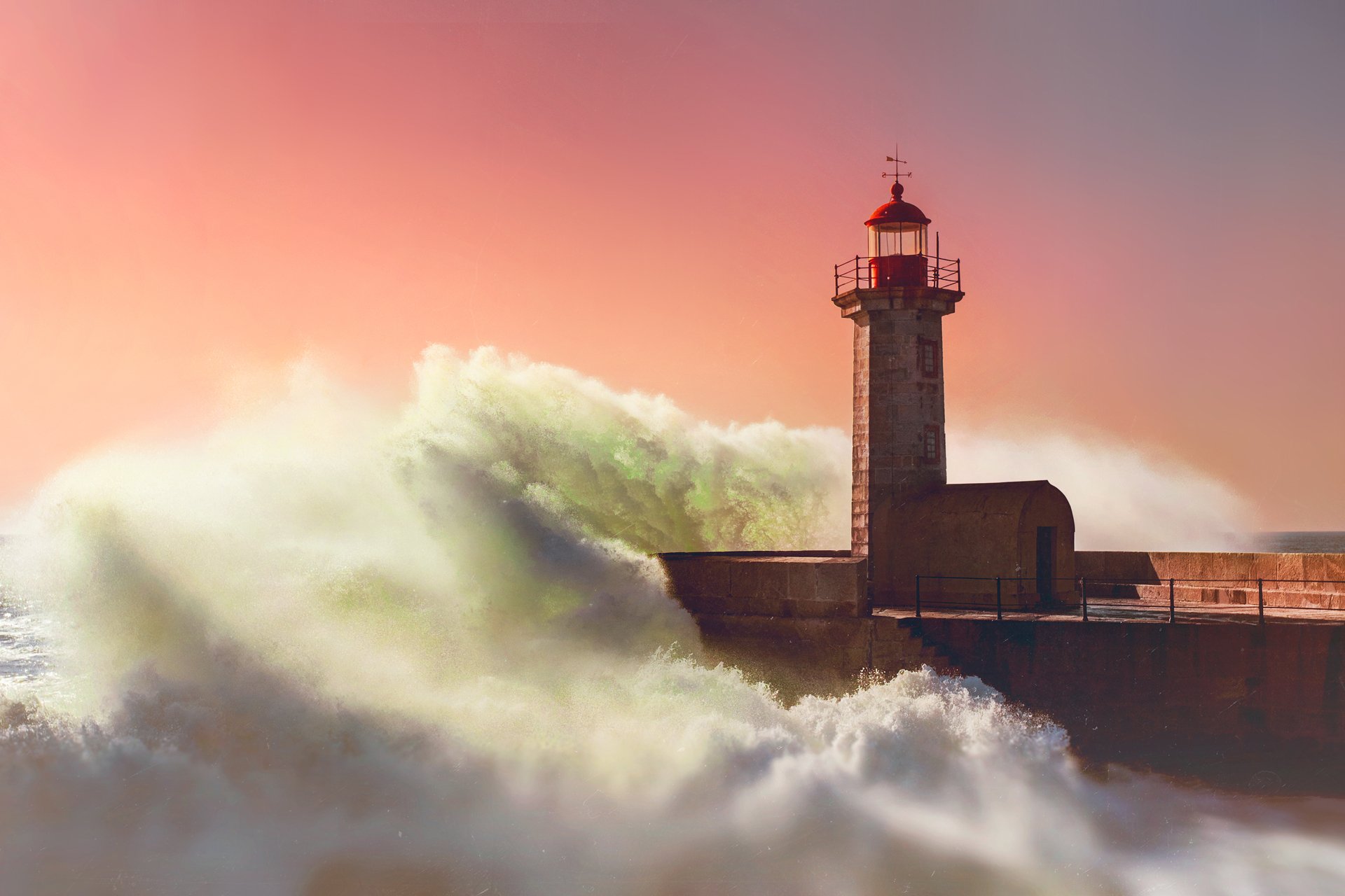 lighthouse wave sea night sunset