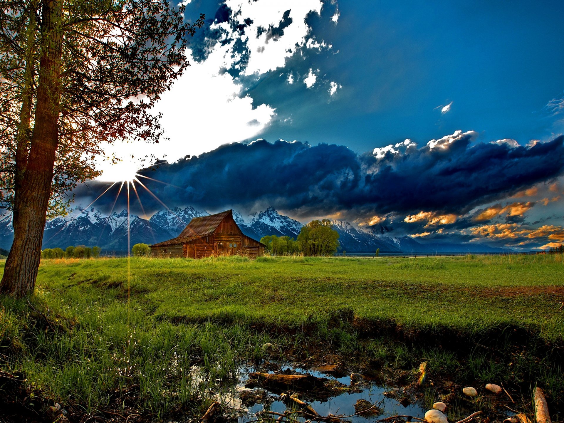 nature clouds mountain snow house grass tree landscape