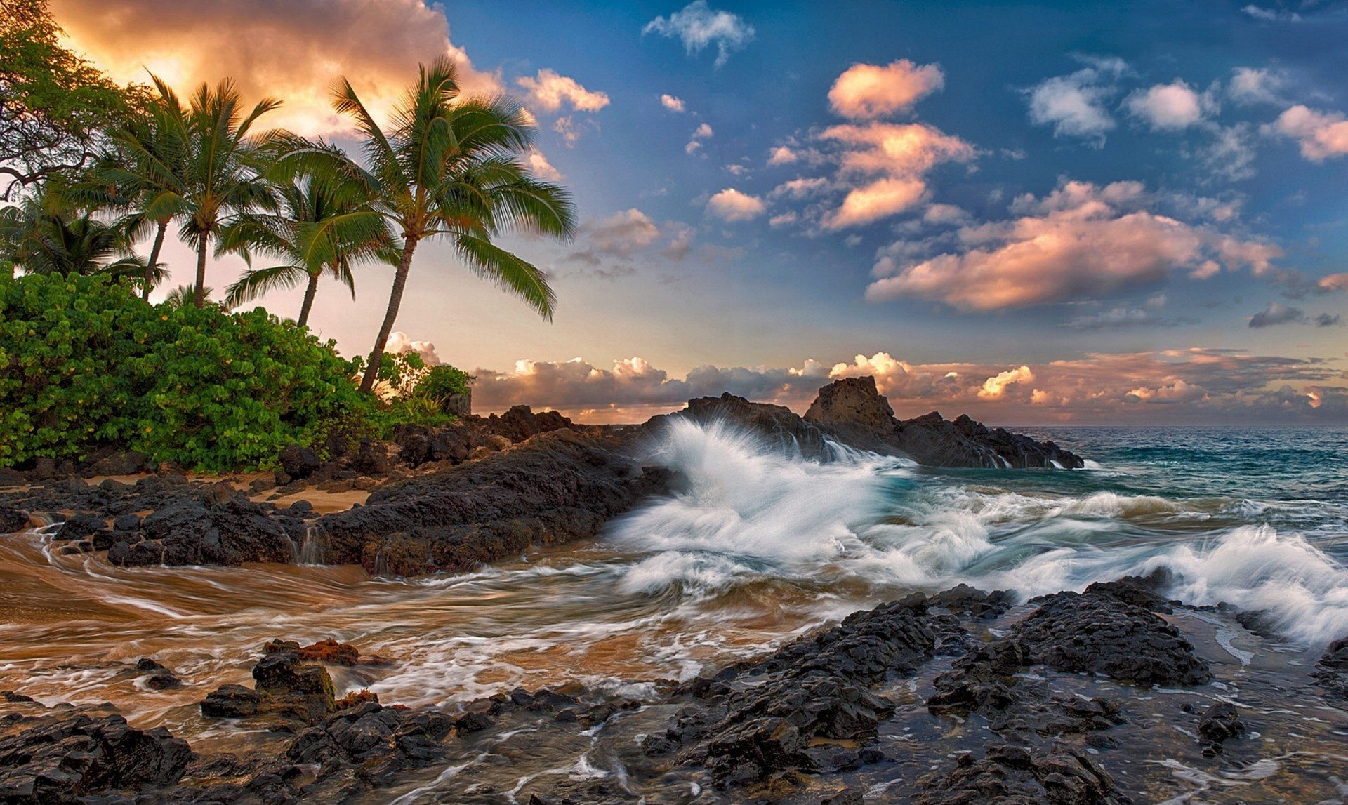 maui hawaii quiet ocean rock waves stones palm clouds tropics