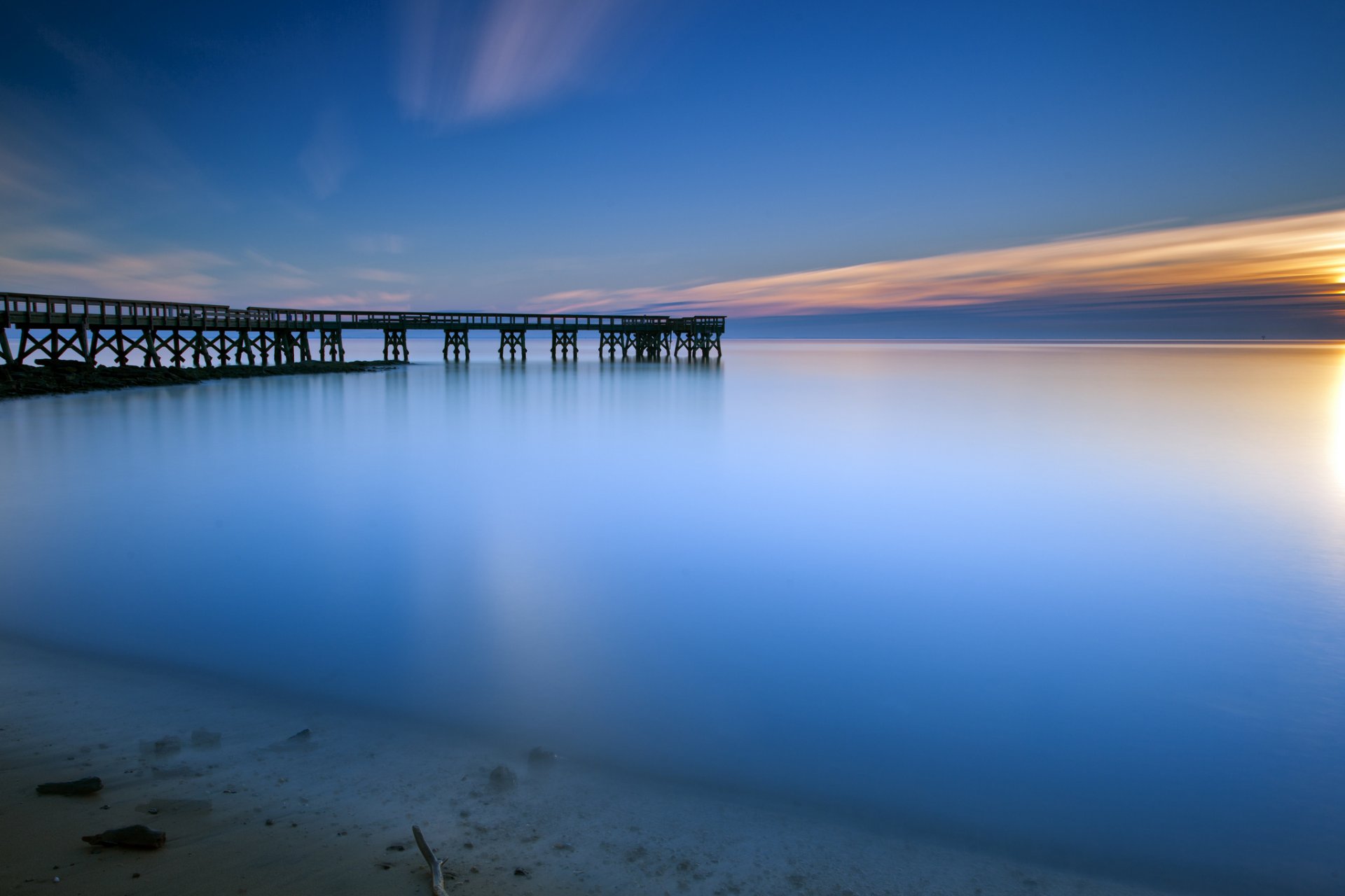 usa bucht ozean wasser oberfläche ruhe pier morgen morgendämmerung sonne sonnenaufgang himmel wolken blau