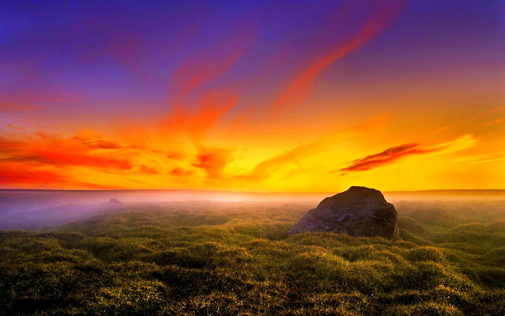 plain the distance grass stone horizon sky clouds dawn sunset