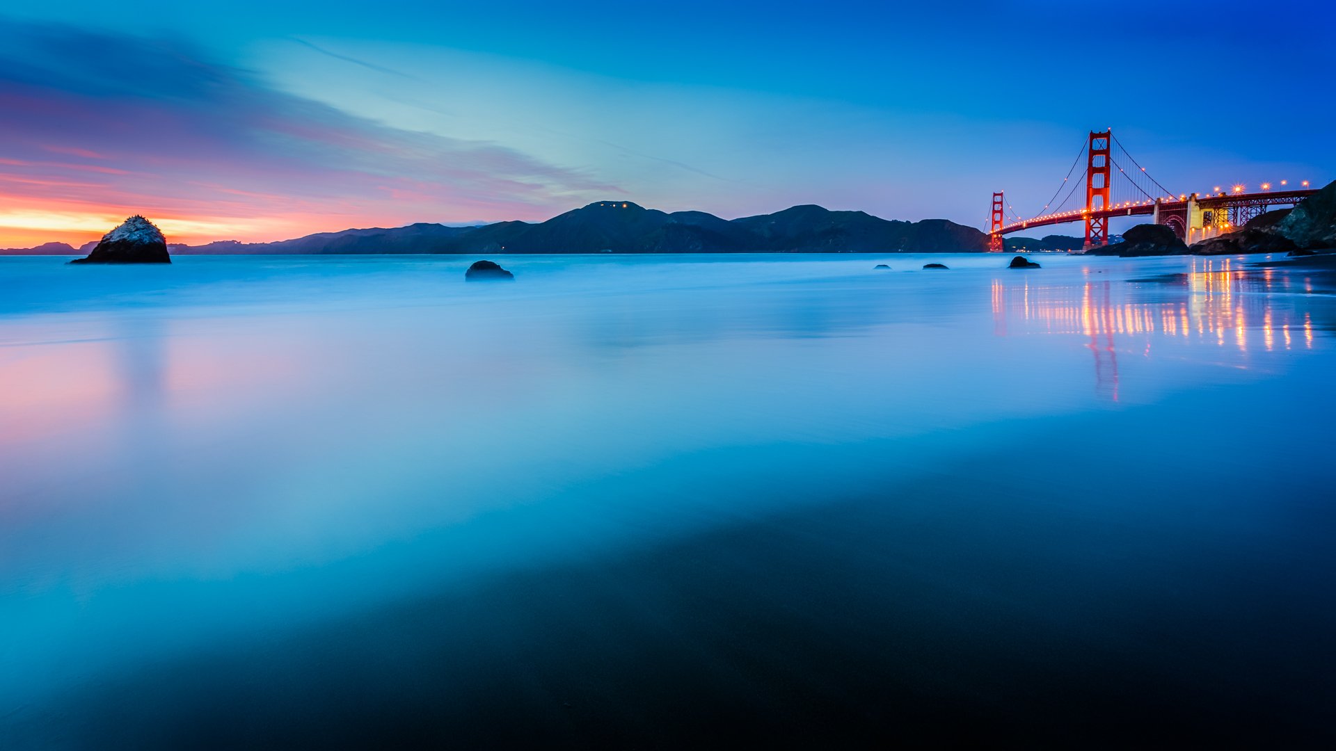 united states california san francisco golden gate bridge lights ocean strait beach calm night sunset blue turquoise sky cloud