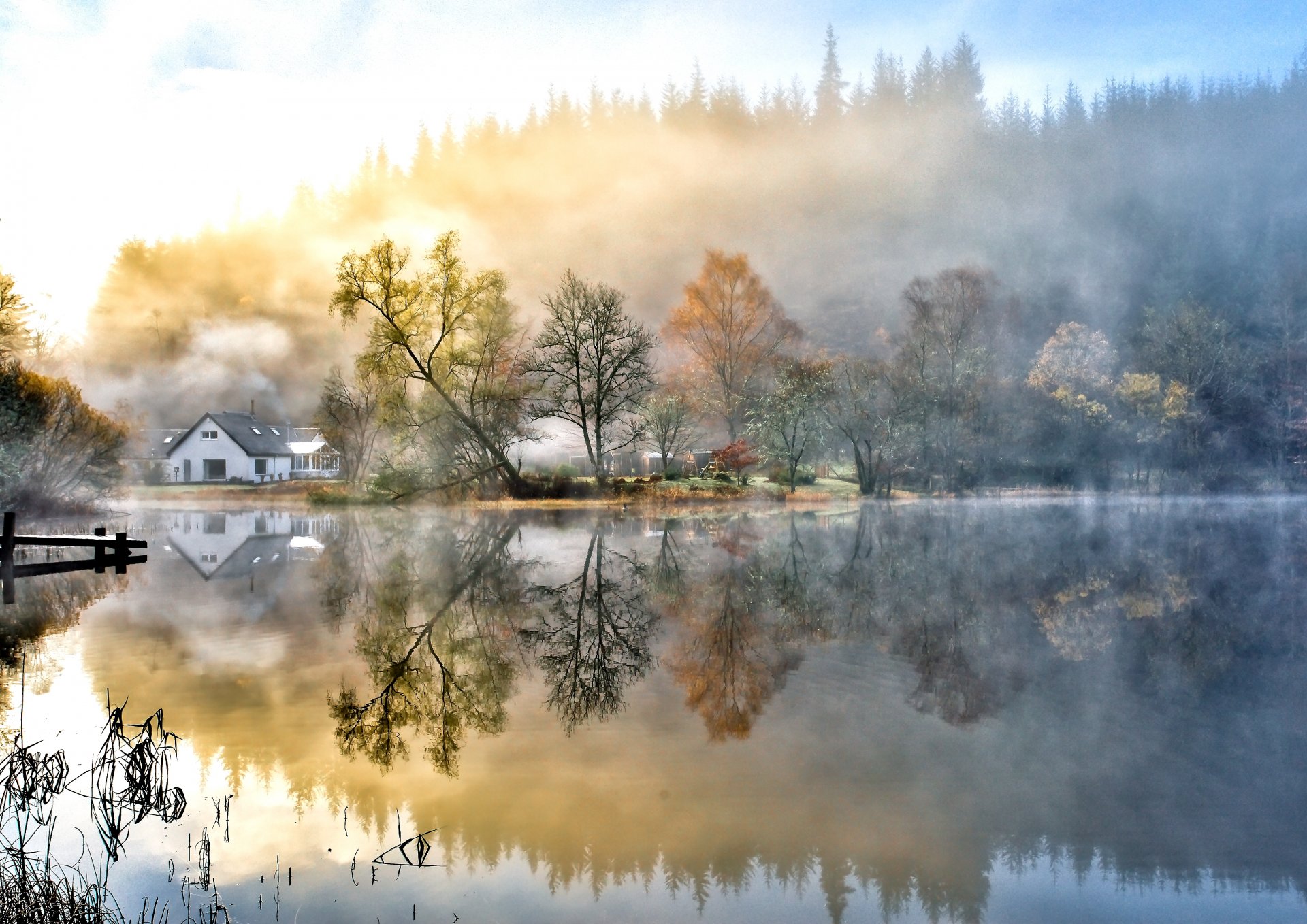 nature ciel nuages paysage lac eau arbres automne maisons