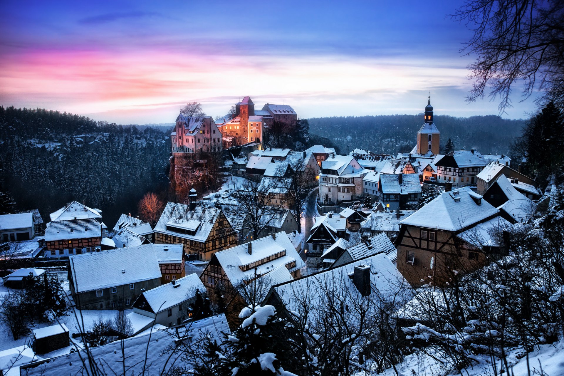 germany saxony hohnstein castle fortress houses winter snow forest tree night sunset