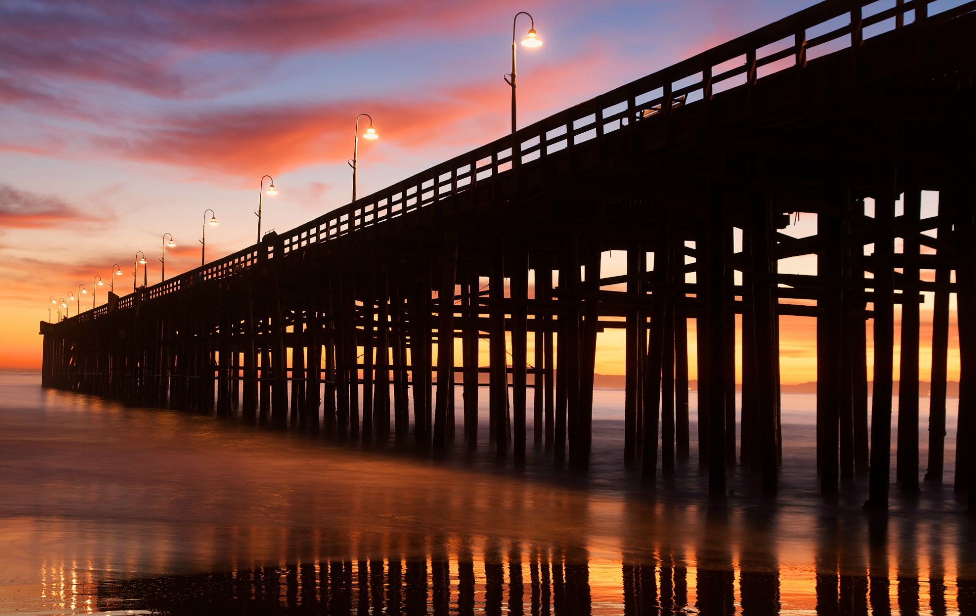 usa california ocean beach shore pier lights lanterns evening sunset sky cloud