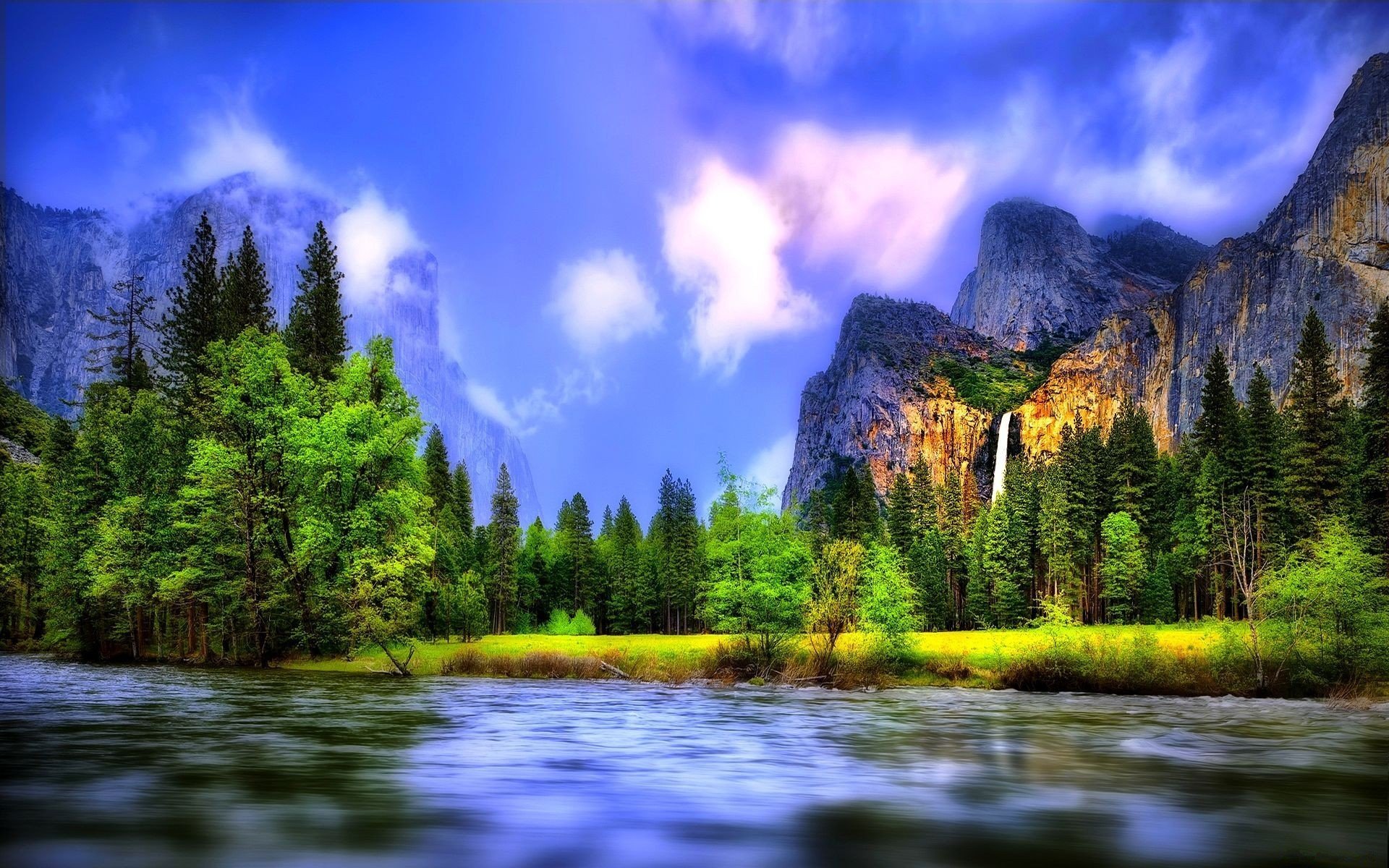 river forest waterfall mountain landscape